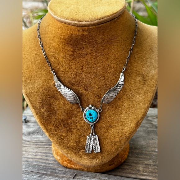 Jewelry - Native American Sterling Silver Feather Necklace with Turquoise